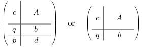 \left(\begin{array}{c|ccc}
\mbox{} & \mbox{} & \mbox{} & \mbox{}\\
\mbox{} & \mbox{} & \mbox{} & \mbox{}\\
c & \mbox{} & A & \mbox{}\\
\mbox{} & \mbox{} & \mbox{} & \mbox{}\\
\mbox{} & \mbox{} & \mbox{} & \mbox{}\\
\hline q &\mbox{} & b & \mbox{}\\
\hline p & \mbox{} & d & \mbox{}
\end{array}\right) \quad \mbox{or} \quad\left(\begin{array}{c|ccc}
\mbox{} & \mbox{} & \mbox{} & \mbox{}\\
\mbox{} & \mbox{} & \mbox{} & \mbox{}\\
c & \mbox{} & A & \mbox{}\\
\mbox{} & \mbox{} & \mbox{} & \mbox{}\\
\mbox{} & \mbox{} & \mbox{} & \mbox{}\\
\hline q &\mbox{} & b & \mbox{}
\end{array}\right)
